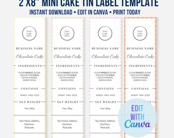 Mini Cake Tin Label Template | Printable 2x8 Inch Bakery Ingredients Label | Editable Canva Mini Loaf Tin Label | Cottage Law Bakery Sticker