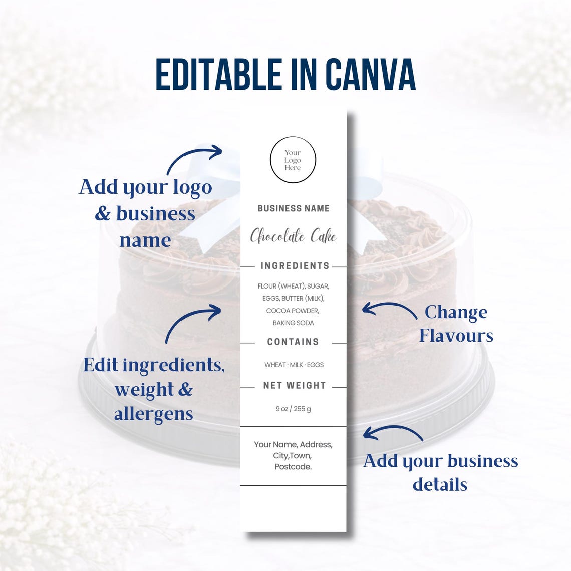 Mini Cake Tin Label Template | Printable 2x8 Inch Bakery Ingredients ...