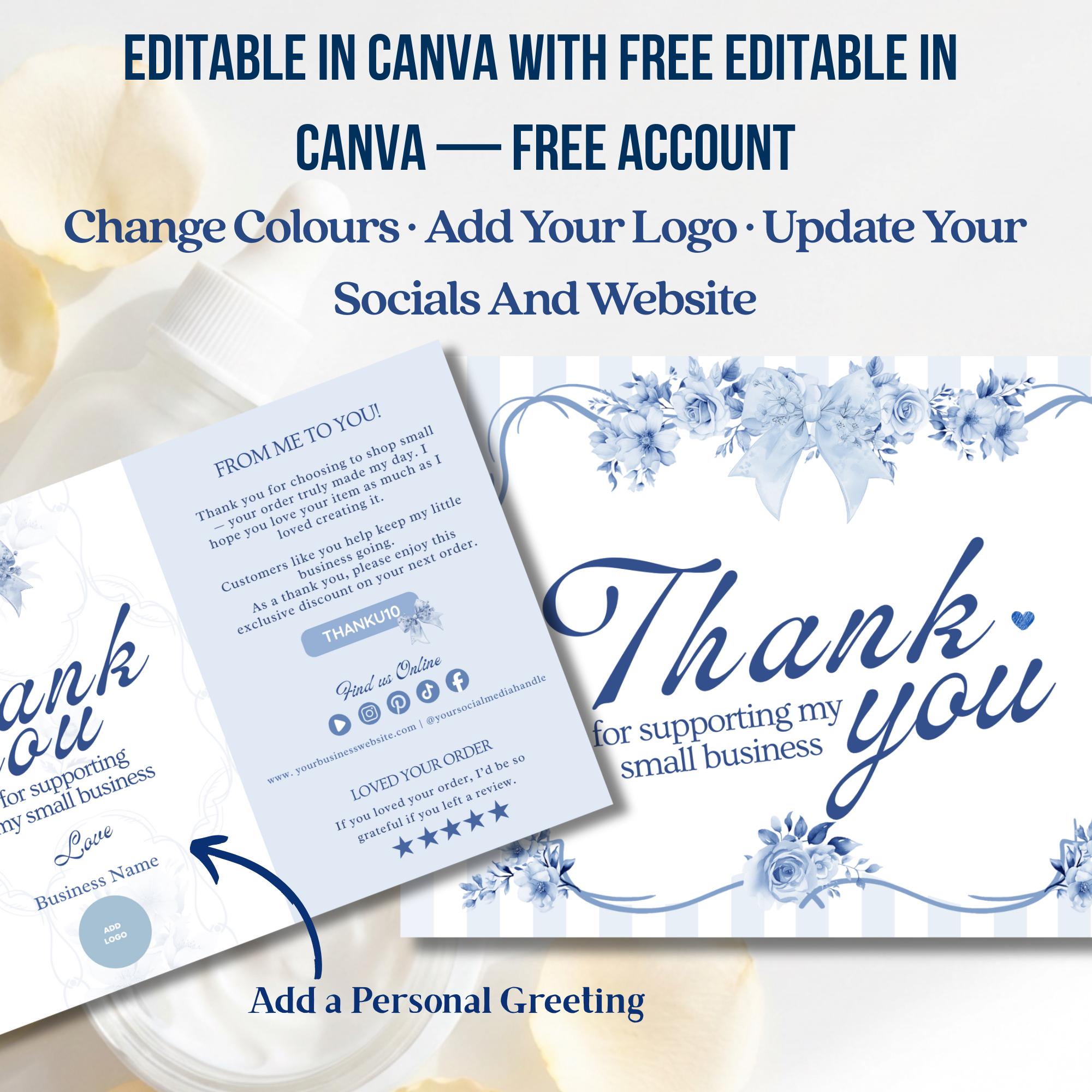 Blue Coquette Thank You Card Canva Template, Vintage Floral Bow ...