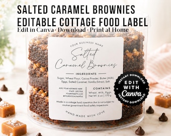 Cottage Law Food Label, Bakery Ingredient Sticker, Printable Food Packaging Label, Editable Salted Caramel Brownie Label, Template Canva