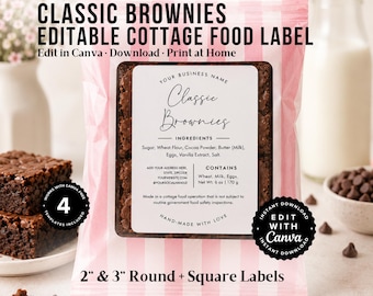 Brownie Label Template Canva Editable, Cottage Food Label, Bakery Ingredient Sticker, Printable Food Packaging Label, Cottage Law Label.