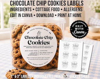 Printable Chocolate Chip Cookie Label Template | Editable Cottage Food Label | Bakery Stickers | Cookie Packaging Label | Canva Template