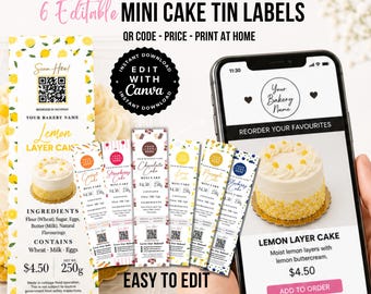 Food Packaging, 6 Mini Cake Tin Bakery Label, Canva Editable Bakery Sticker, QR Code Cottage law ingredients label,Small Business Packaging