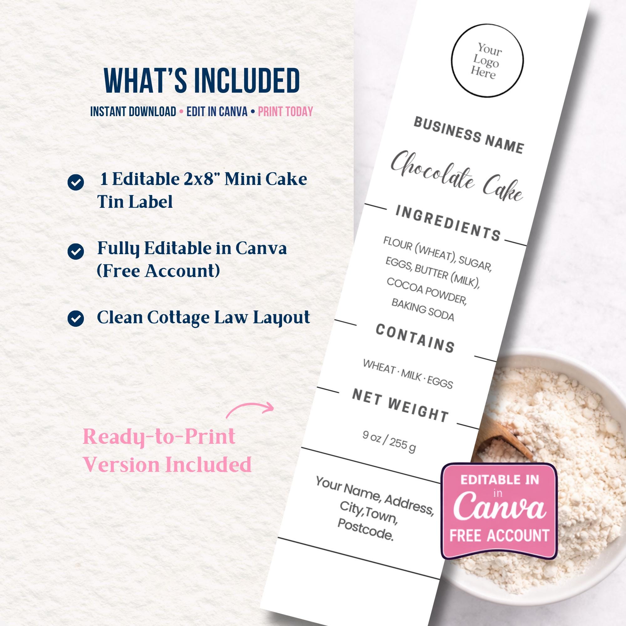Mini Cake Tin Label Template | Printable 2x8 Inch Bakery Ingredients ...