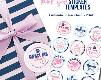 Thank You Sticker Bundle • Pink Navy • Editable Canva Template • Printable Circle Packaging Labels •A4 & US sheets • Small Business Inserts