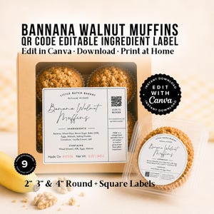 May include: A cardboard box containing four muffins with a square label featuring the text Banana Walnut Muffins, ingredients, and a QR code. A separate clear plastic container holds one muffin with a round label. Includes 5, 7.5, and 10 cm labels.