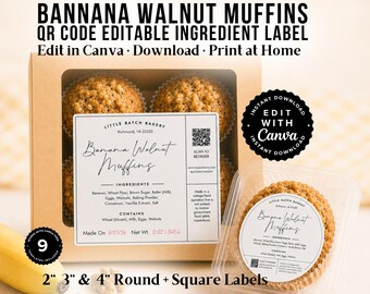 EDITABLE Printable Bakery Label, Cottage Food Ingredients Sticker, Banana Walnut Muffin Label, QR Code Canva Template, Ingredient & QR Code