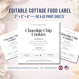 Puede incluir: Etiquetas alimentarias imprimibles blancas para "Galletas con chispas de chocolate" con información de ingredientes y alérgenos. Las etiquetas son totalmente editables y están disponibles en 5 cm, 7.6 cm y 10.2 cm.