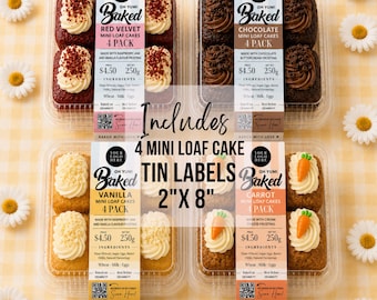 Editable Mini Cake Tin Labels 2x8"| Mini Loaf Cake Stickers | Cottage Food Labels | Bakery Ingredient Labels | Canva Template |Market Stall