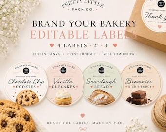 Editable Bakery Label Bundle Canva Template | Printable Cookie, Cupcake, Bread & Brownie Stickers | Cottage Food Labels | 2" and 3"