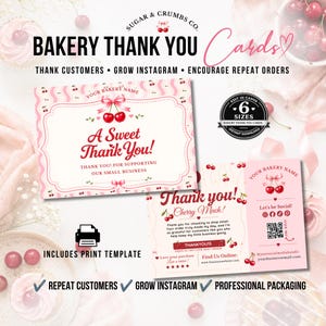 Printable Bakery Thank You Card Template • Pink Cherry Cottage Food Packaging Insert • Editable Canva Printable • QR Logo • Bakery Label