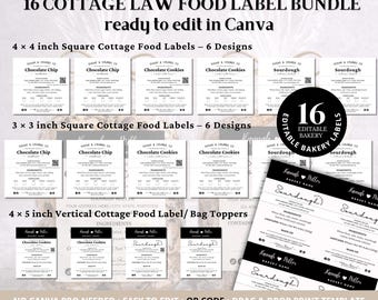 Op de afbeelding: Een bundel van 16 bewerkbare cottage food labels, klaar om te bewerken in Canva. Inclusief vierkante labels van 10,16 x 10,16 cm en 7,62 x 7,62 cm, plus verticale labels van 10,16 x 12,7 cm. Ontwerpen: "Chocolate Chip", "Chocolate Cookies" en "Sourdough".