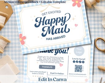 Coquette Happy Mail Thank You Card Template • DIY Retro • Small Business Packaging Insert • Editable Canva Printable • Blue Gingham QR Logo