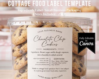May include: A clear plastic container filled with chocolate chip cookies. The container has a white label with the text "Chocolate Chip Cookies" and ingredient information. The label also includes the text "Instant download" and "Fully Editable in Canva."
