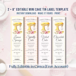 May include: Four mini cake tin label templates with a watercolor illustration of a yellow stand mixer and floral accents. Each label features a different cake type: Lemon Sponge, Specialty Cake, Velvet Cake, and Chocolate Cake. The labels are 2 x 8 inches.