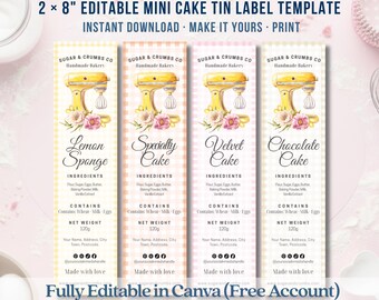 Mini Cake Tin Label Gingham – Printable Bakery Ingredients Label (Set of 4) | Editable Canva Template | Cottage Food Sticker