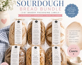Cottage Food Label BUNDLE, 2x8 Sticker, Printable Sourdough Bread Bag LABEL, Home Bakery Packaging, Editable Canva Home Bakery Ingredients