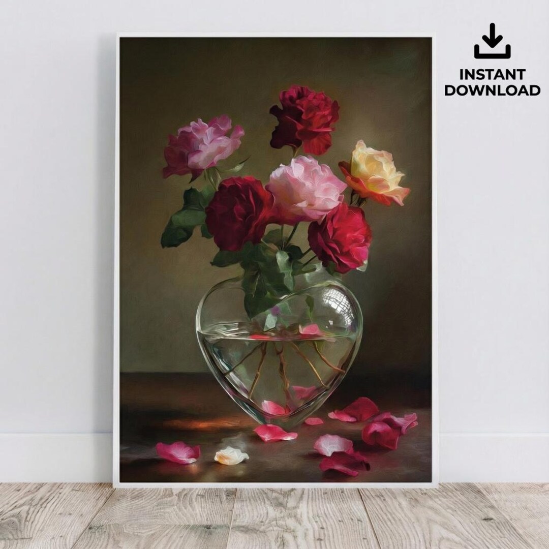 Romantic Rose Bouquet Wall Art | Heart Shaped Vase Flower Print ...