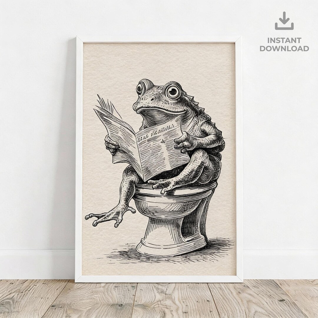 Funny Vintage Frog Bathroom Wall Art Print | Quirky Toilet Reading Frog ...