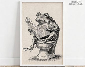 Impresión artística de pared de baño con una divertida rana vintage / Ilustración peculiar de rana leyendo en el inodoro / Decoración para baño de invitados / Regalo para amantes de las ranas