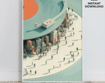Surreal Record Player Wall Art | Retro Vinyl Cityscape Print | Turntable Urban Fantasy Poster | Music Inspired Illustration Canvas Decor