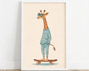 Cool Giraffe Skateboard Wall Art Print | Hipster Animal Poster for Kids Room or Nursery | Funny Cartoon Giraffe Decor Gift