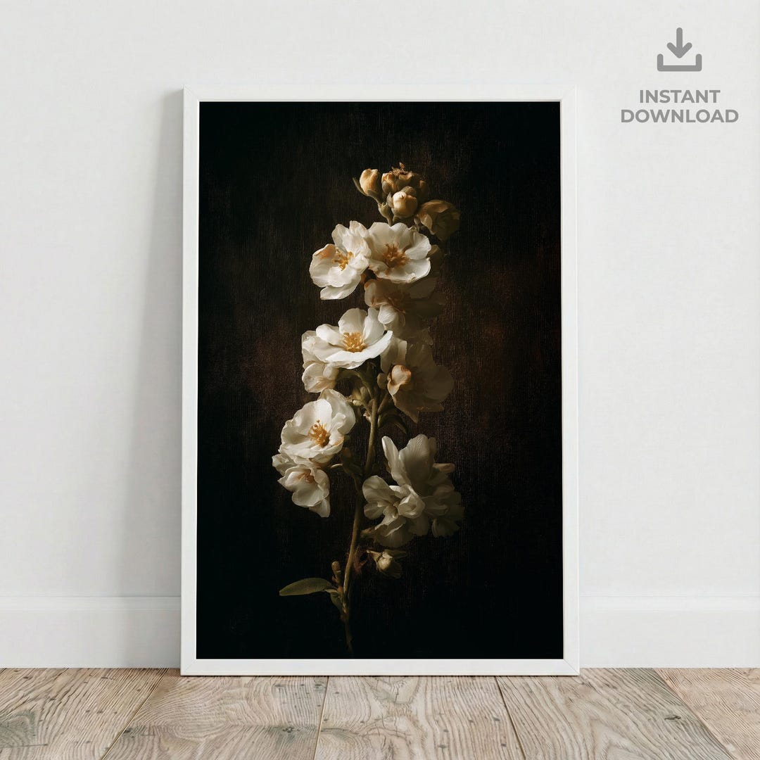 Dark Floral Still Life Wall Art | White Peony Flower Oil Painting Print ...
