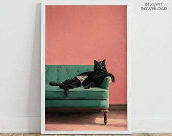 Funny Black Cat Wall Art Printable | Cool Cat with Martini Digital Download | Retro Pop Art Cat Poster | Quirky Cat Lover Home Decor