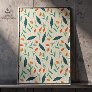 May include: A framed print featuring a repeating floral pattern. The design includes orange tulip-like flowers, teal leaves, and orange buds on a cream background. The words "INSTANT DOWNLOAD" are in the upper left corner.