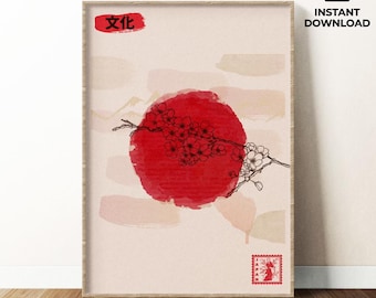 Japanese Sakura Art Print | Red Sun Minimalist Wall Art | Japandi Decor | Asian Culture Poster | Modern Zen Printable | Digital Download