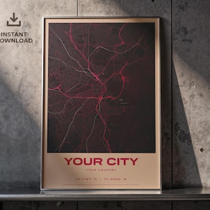 Custom City Map Poster, Ruby Coloured Personalized Hometown Map Art (Digital Download)