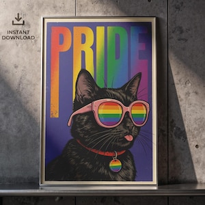 May include: A framed art print featuring a black cat wearing pink sunglasses with rainbow lenses. The word "PRIDE" is displayed in rainbow colors above the cat. The cat has a red collar with a rainbow tag. The background is a dark blue.