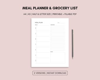 以下が含まれることがあります： 「MEAL PLANNER & GROCERY LIST」の文字が入った、白の食事プランナーと買い物リストの印刷可能ファイル。プランナーには、食事、食料品、メモのセクションが含まれています。灰色の鉛筆が右側にあります。「2 VERSIONS | INSTANT DOWNLOAD」の文字が下部にあります。
