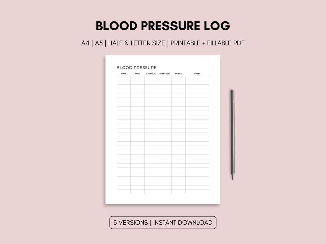 Blood Pressure Log Printable | Medical Tracker | A4 A5 Letter Half Size ...