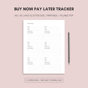 Pode incluir: Um rastreador imprimível branco de "Compre Agora, Pague Depois" com o texto "BUY NOW PAY LATER TRACKER" no topo. O rastreador inclui seções para loja, item, total, valor devido e parcelas. Um lápis repousa no lado direito. O texto "5 VERSIONS | INSTANT DOWNLOAD" está na parte inferior.