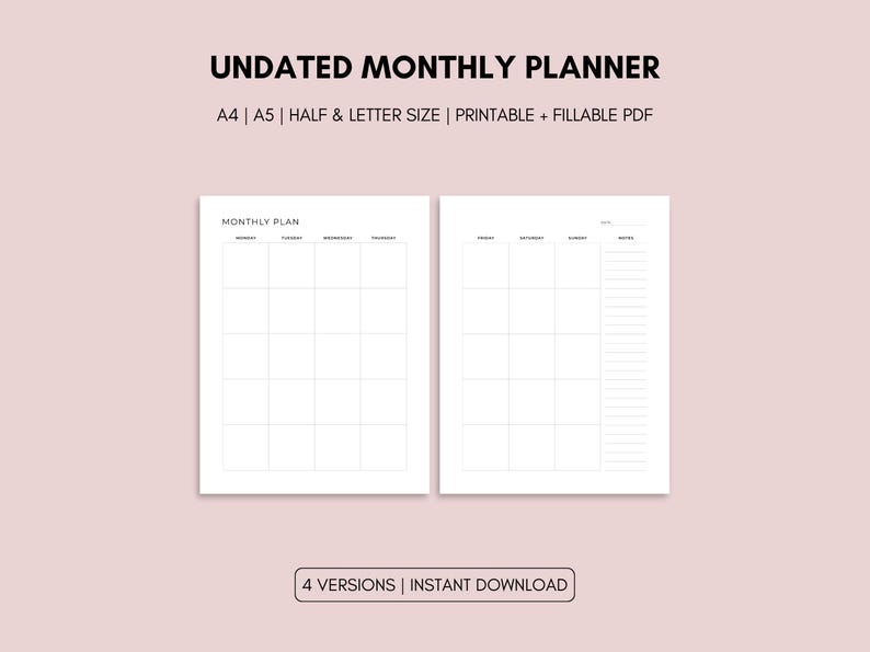 Undated Monthly Planner Printable | Month on Two Pages at a Glance ...