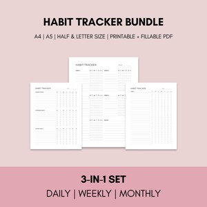 Puede incluir: Un paquete de rastreadores de hábitos imprimibles en tamaños A4, A5 y media carta. El conjunto incluye rastreadores diarios, semanales y mensuales. El texto "HABIT TRACKER BUNDLE" está en la parte superior, con "3-IN-1 SET" en la parte inferior.