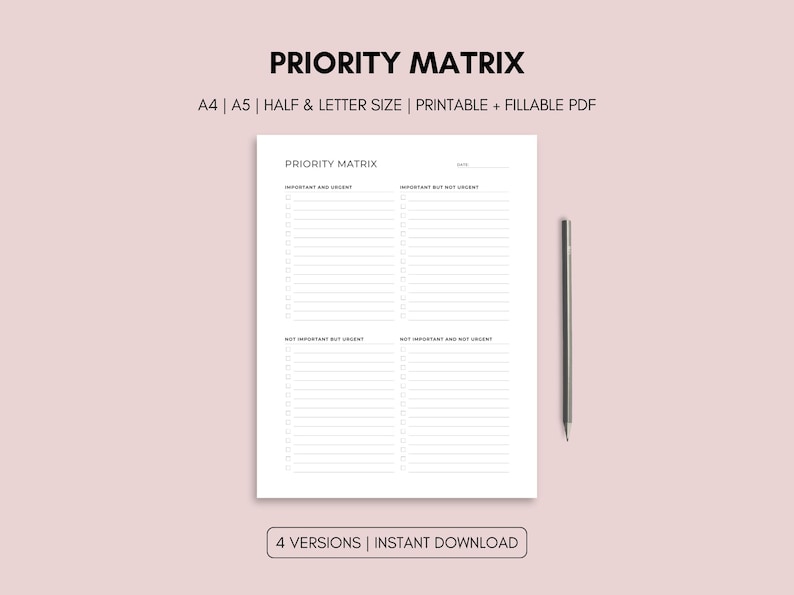 Priority Matrix Printable | Eisenhower Matrix | A4 A5 Letter Half Size ...