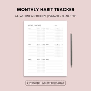 Op de afbeelding: Een witte, afdrukbare habit tracker met de tekst "MONTHLY HABIT TRACKER" bovenaan. De tracker bevat secties voor elke week van de maand, met ruimte om dagelijkse gewoonten bij te houden. Een potlood staat aan de rechterkant.