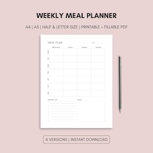 Może przedstawiać: Biały tygodniowy planer posiłków z układem siatki do planowania posiłków, listą zakupów i sekcją notatek. Planer zawiera tekst "WEEKLY MEAL PLANNER" oraz "A4 | A5 | HALF & LETTER SIZE | PRINTABLE + FILLABLE PDF". Ołówek spoczywa obok planera.