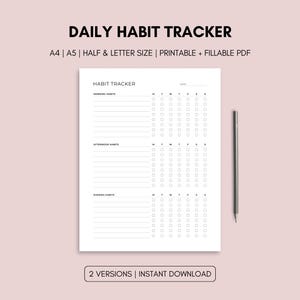 Puede incluir: Un rastreador de hábitos imprimible blanco con el texto "DAILY HABIT TRACKER" en la parte superior. El rastreador incluye secciones para los hábitos de la mañana, la tarde y la noche, con casillas de verificación para cada día. Un lápiz descansa a la derecha.