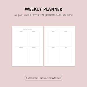 May include: Two-page weekly planner with a light pink background. The text "WEEKLY PLANNER" is at the top. The planner includes sections for each day of the week. The text "A4 | A5 | HALF & LETTER SIZE | PRINTABLE + FILLABLE PDF" is also included.
