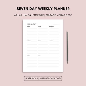 Puede incluir: Un planificador semanal blanco de siete días con un diseño minimalista. El planificador incluye secciones para cada día de la semana, una sección de notas y un espacio para la fecha. Un lápiz gris descansa en el lado derecho del planificador. El texto en la parte superior dice "SEVEN-DAY WEEKLY PLANNER".