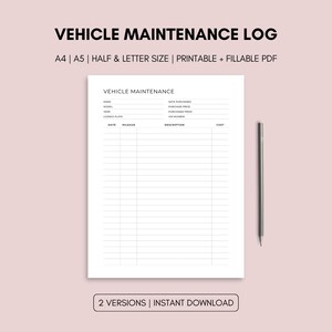 Peut inclure: Un journal de bord d'entretien de véhicule blanc avec le titre "VEHICLE MAINTENANCE LOG" en haut. Le journal comprend des sections pour les détails du véhicule et un tableau pour enregistrer les dates d'entretien, le kilométrage, les descriptions et les coûts. Un crayon gris repose à droite.