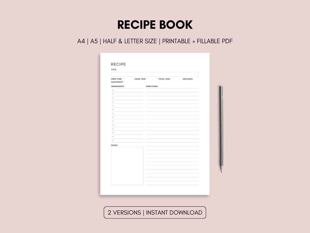 Recipe Book Template Printable | Blank Page | Cook Journal Card Planner ...