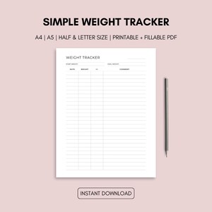 Può includere: Un tracker di peso stampabile bianco con il titolo "SIMPLE WEIGHT TRACKER" in nero. Il tracker include sezioni per data, peso, +/- e commenti. Una matita è posizionata a destra del tracker. Il testo "INSTANT DOWNLOAD" è in basso.