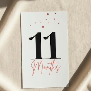 Könnte beinhalten: Eine weiße Karte mit der schwarzen Zahl "11" und dem Wort "Months" in einer kursiven, rot-rosa Schrift. Kleine rot-rosa Punkte sind über den Zahlen verstreut. Die Karte liegt auf einer beigen Stoffoberfläche.