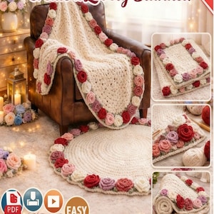 Gehäkelte Blumendecke Muster, PDF, mit Rosenmuster Afghan, 3D Blumenrand, Cottagecore Decke, romantisches handgemachtes Geschenk