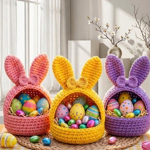 Wzór na szydełkowy koszyk wielkanocny w kształcie króliczka w formacie PDF – Różowy stojak na jajka w kształcie króliczka – Wielkanocna dekoracja amigurumi – Wiosenny koszyk prezentowy DIY