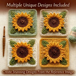 15 Sunflower Granny Square Crochet Pattern Bundle Beginner Blanket Pillow Bag Coaster Afghan PDF Digital Download Tutorial Collection